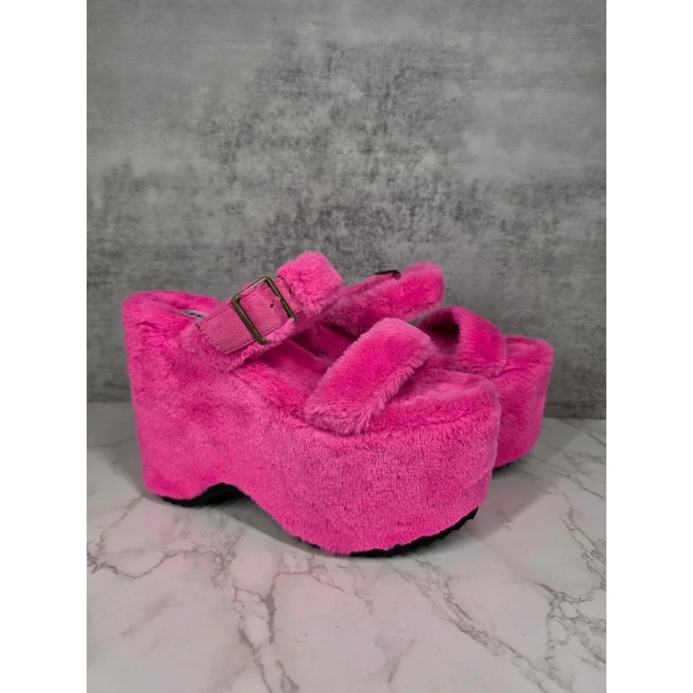 Lemon Drop Sonrisa Fuzy Pink Wedge Platform Sandals Coquette Buckle Strap 7